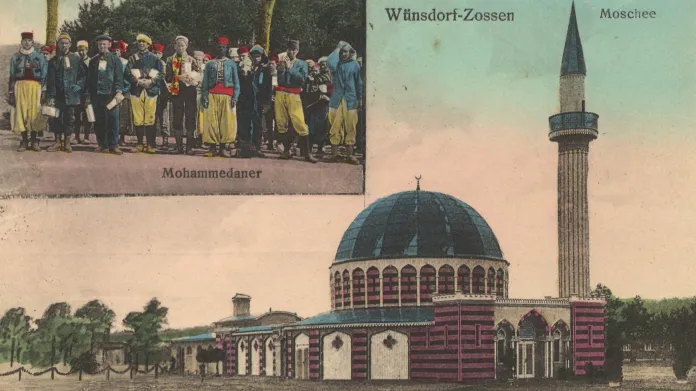 Historické fotky vojenského objektu v německém Wünsdorfu: Mešita na kolorované fotografii z roku 1915