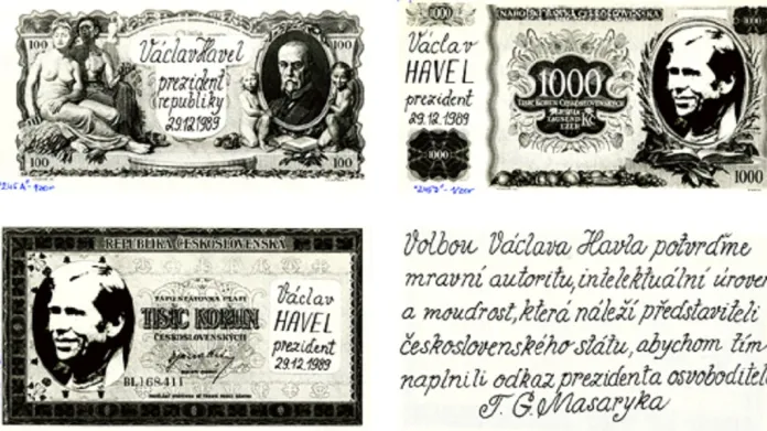 Některé varianty upravených reprodukcí starších československých bankovek vyrobené v rámci volební kampaně Václava Havla