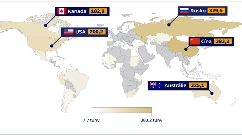 Kde se těží zlato (v tunách)