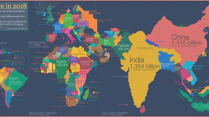 Anamorfovaná mapa, na které plocha zemí odpovídá jejich populaci. Každý čtvereček představuje půl milionu lidí
