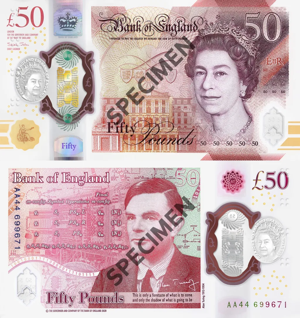 Dosavadní bankovka s královnou Alžbětou II. a Alanem Turingem v hodnotě padesát liber (v oběhu od 23. 6. 2021)