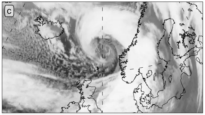 Sekvence infračervených družicových snímků ukazujících vývoj novoroční bouře v roce 1992