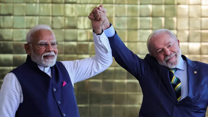 Indický premiér Naréndra Módí a brazilský prezident Luiz Inácio Lula da Silva v paláci Alvorada v Brasílii (8.7. 2025)
