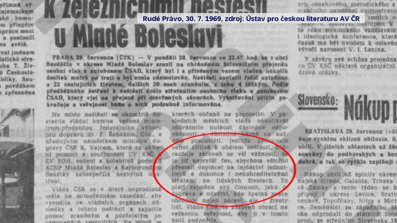 Článek v tehdejším Rudém Právu o nehodě v Bezděčíně