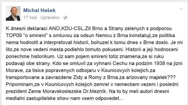 Jihomoravský hejtman se proti vyjádření lítosti zastupitelů ohradil