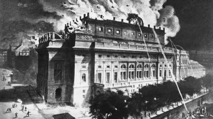 Rytina hořícího Národního divadla v Praze ( 12. srpna 1881)