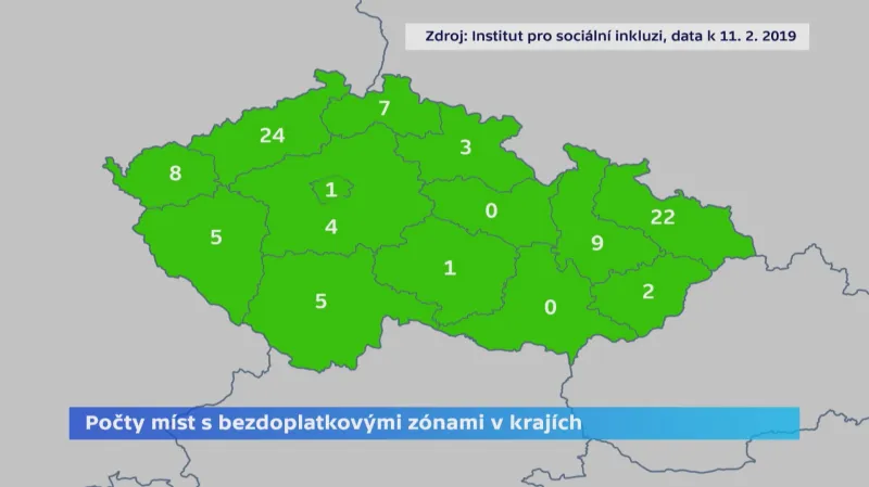 Počet měst s bezdoplatkovými zónami v krajích