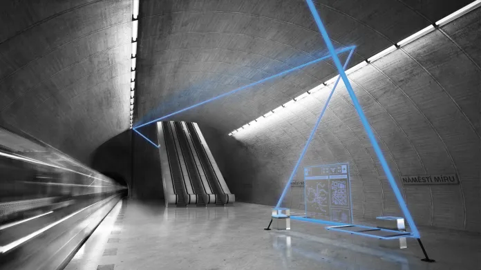 Přestupní stanice Náměstí Míru podle návrhu Jana Bittnera. Většina návrhů pracuje s kombinací neutrálního pohledového betonu a jasné modré barvy.