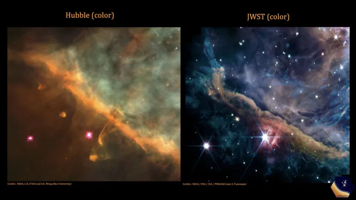 Rozdíl mezi snímkem z Webbova a Hubbleova teleskopu