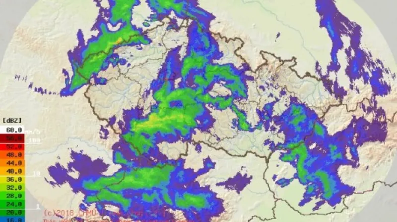 Radarový snímek počasí k 16:00 Zdroj: ČHMÚ
