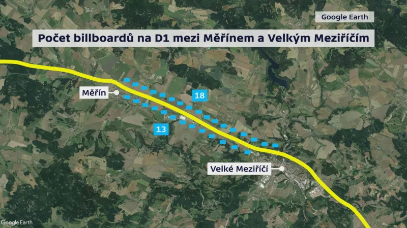 Počet billboardů v úseku dálnice D1