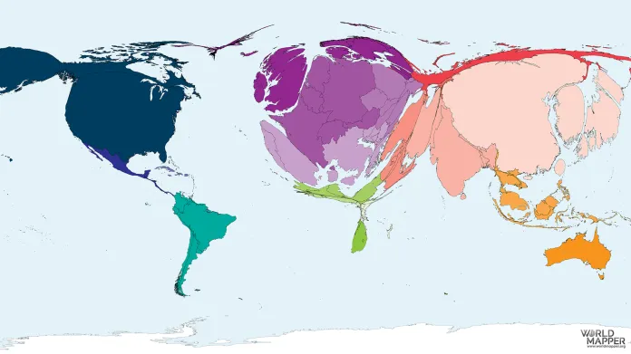 Anamorfovaná mapa, kde velikost země odpovídá počtu publikovaných vědeckých prací v roce 2016