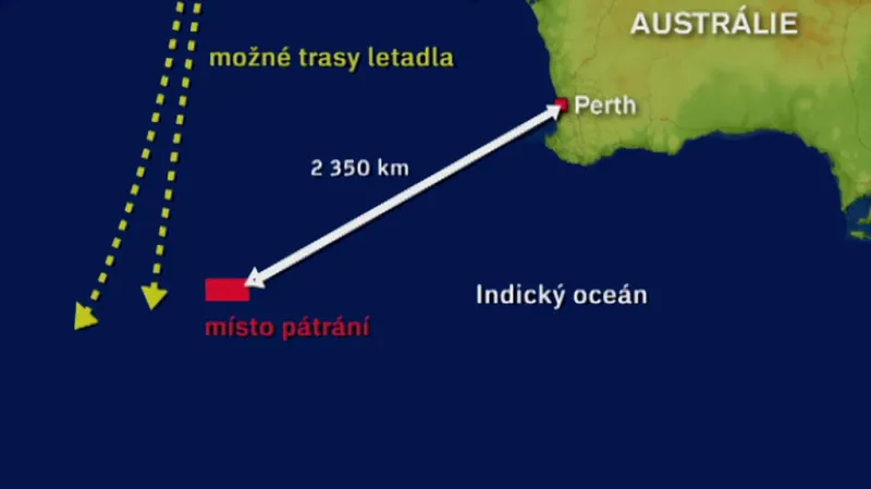 Možné trasy letadla a místo pátrání