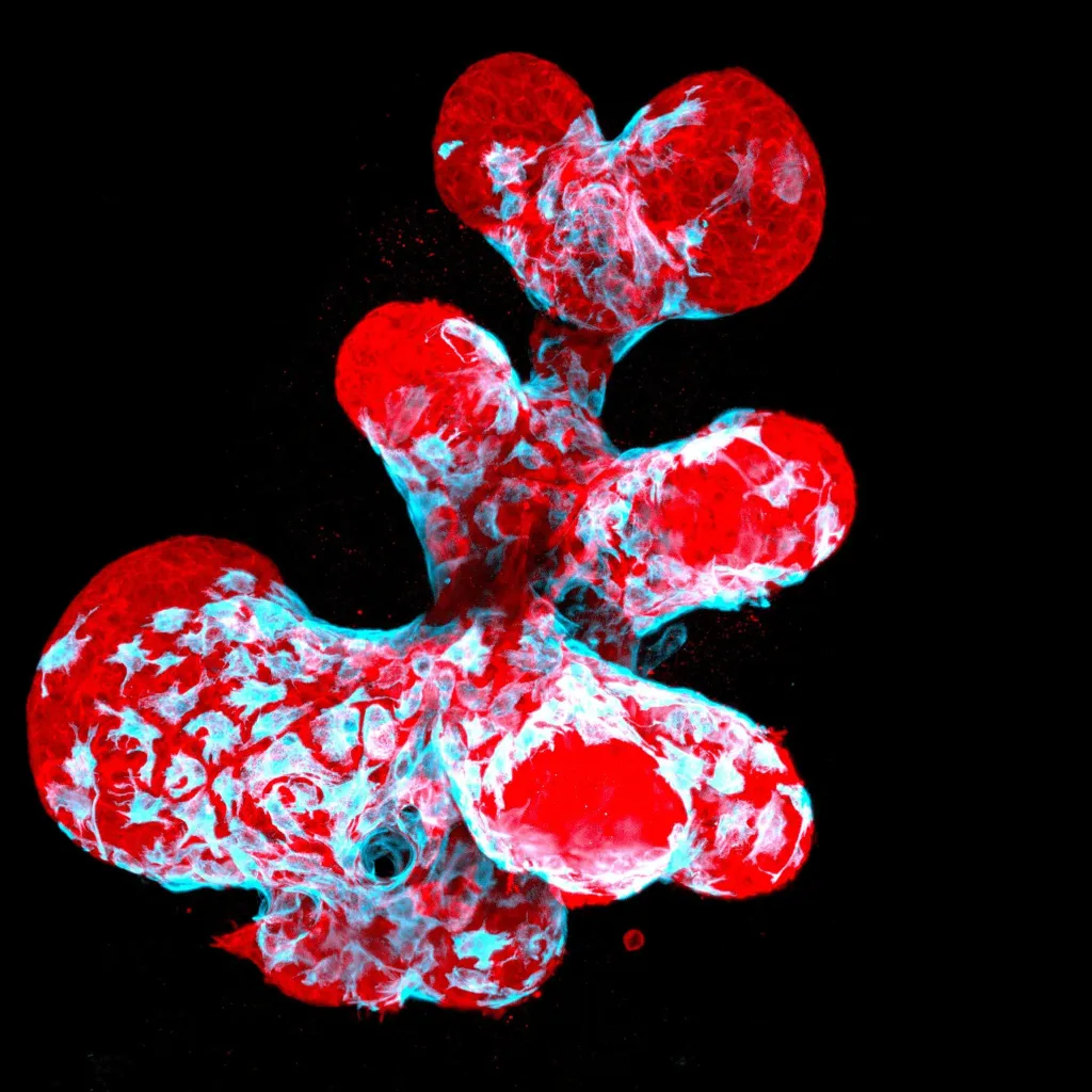 Oceněný snímek: Organoid prsu ukazující kontraktilní myoepiteliální buňky (modrá) na sekrečních buňkách prsu (červená)