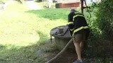 Hasiči čerpají vodu do studně