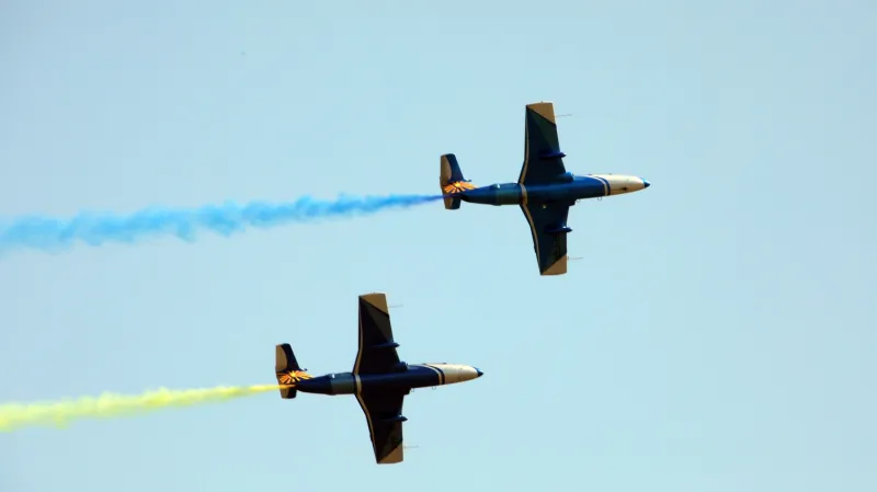 Delfíny při akrobatickém vystoupení na leteckém dnu v Charkově v roce 2021