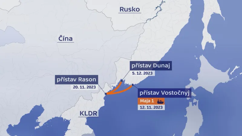 Pohyb nákladní lodě Maja 1 koncem roku 2023