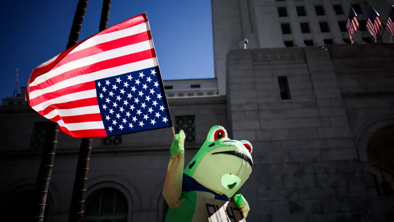 Protestující v žabím kostýmu na demonstraci No Kings v americkém Los Angeles (18. října 2025)