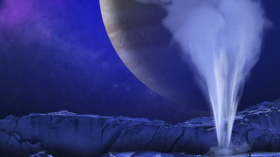 Vizualizace gejzírů z vodních zdrojů skrz ledovou krustu na měsíci Europa, 800 milionů kilometrů od Slunce.