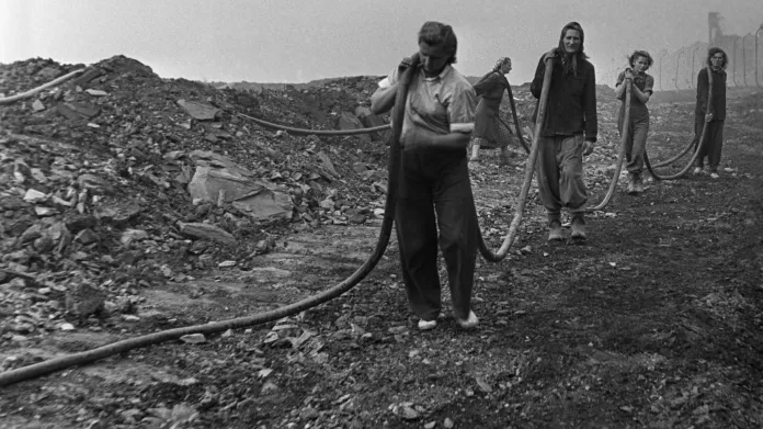 Do těžkého průmyslu se musely zapojit i ženy - podle dobového popisku „s velkým nadšením“ v dole u Mostu stavěly i demontovaly trať nebo pokládaly pražce. Snímek z roku 1950