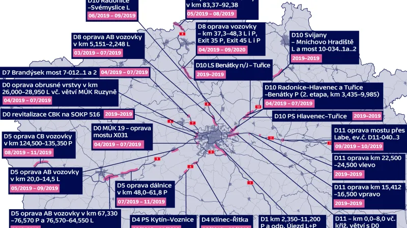 Přehled oprav na dálnicích v létě 2019 – Čechy