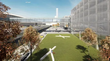 Návrh podoby pražského letiště s novými parkovacími domy a skywalkem
