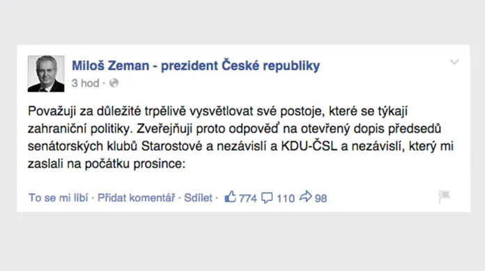 Facebook Miloše Zemana
