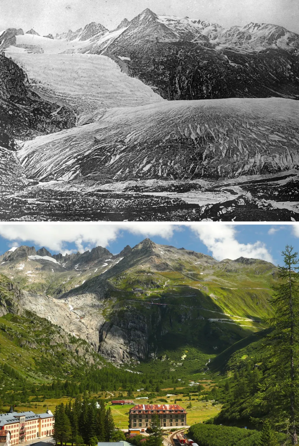 Ledový val, který zcela zmizel, ukazuje snímek z roku 1849. Současná fotografie ledovce Rhône byla pořízena v srpnu 2019
