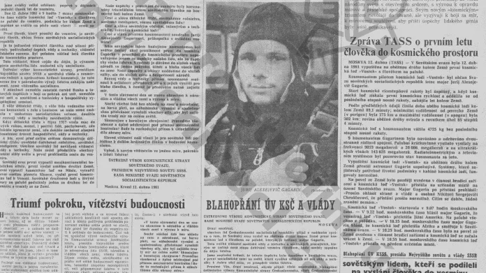 Titulní strana Rudého práva věnovaná Gagarinovu letu do vesmíru (číslo 102, ročník 41)