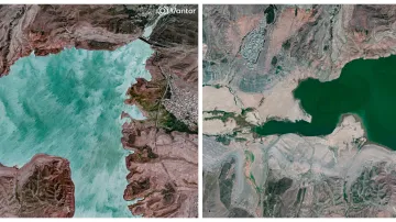 Satelitní snímky přehrady Sefidrud, meziroční porovnání stavu vody z 10. září 2024 a 10. září letošního roku
