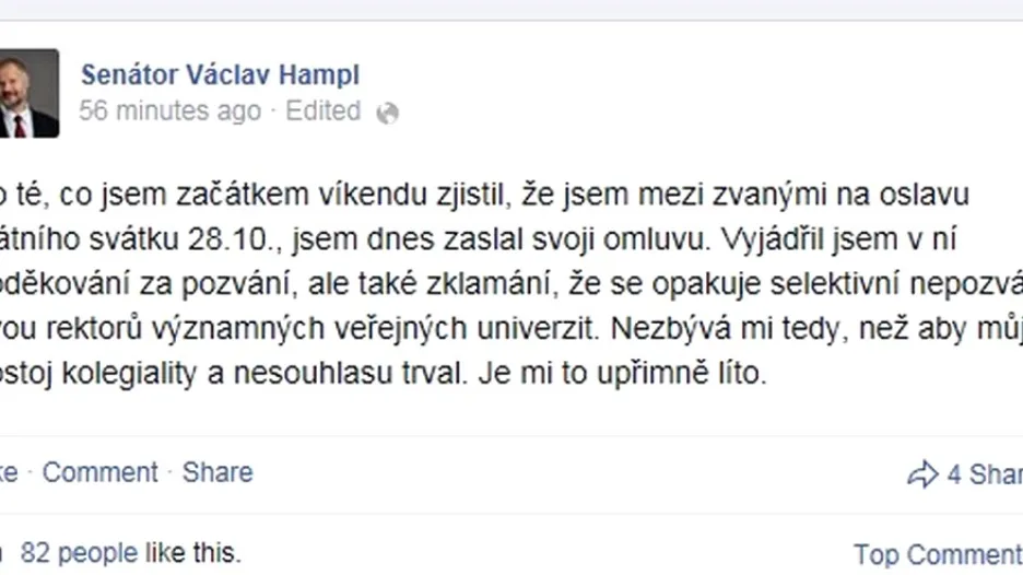 Senátor Václav Hampl nedorazí k Zemanovi