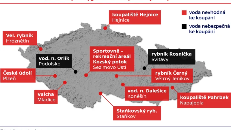 Přehled lokalit, ve kterých hygienici nedoporučují koupání