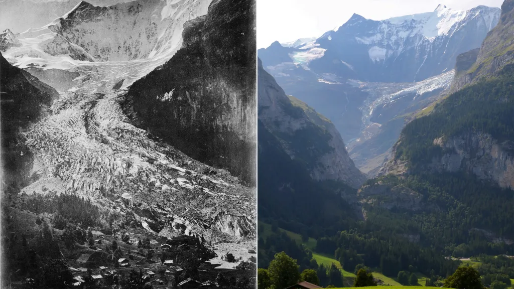 Ústup ledovce Grindelwald ve Švýcarsku mezi roky 1865 a 2019