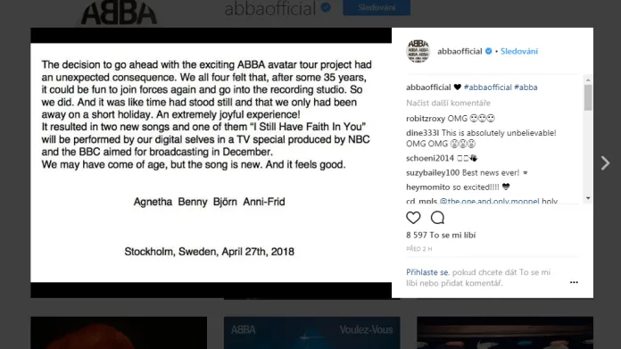 Oznámení kapely ABBA na Instagramu o nových písních