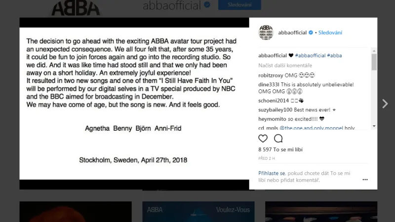 Oznámení kapely ABBA na Instagramu o nových písních