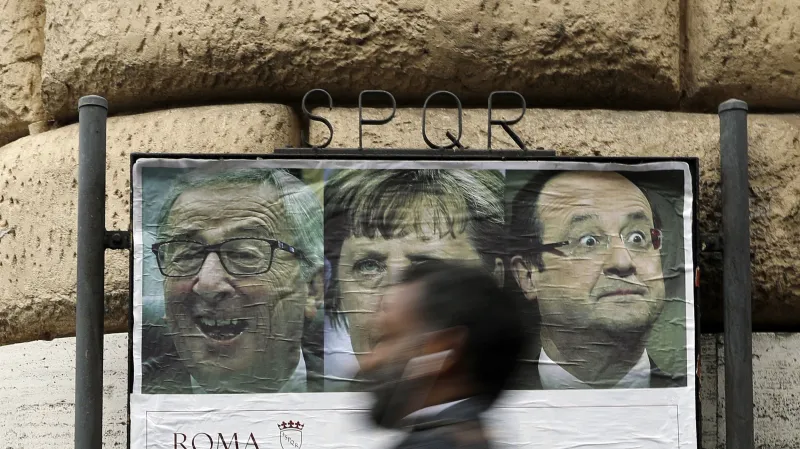 Plakát vyzývající k účasti na demonstracích proti summitu EU v Římě