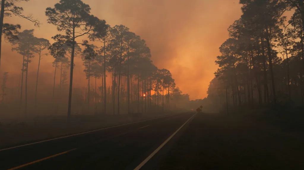Požár v rezervaci Okefenokee při hranici Georgie a Floridy