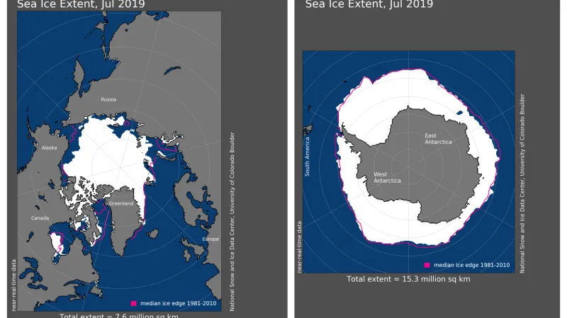 Červeně jsou vyznačené průměrné hranice ledu, bíle ty letošní