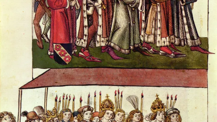 Císař Zikmund, jeho druhá manželka Barbora Celjská a jejich dcera Alžběta Lucemburská na kostnickém koncilu