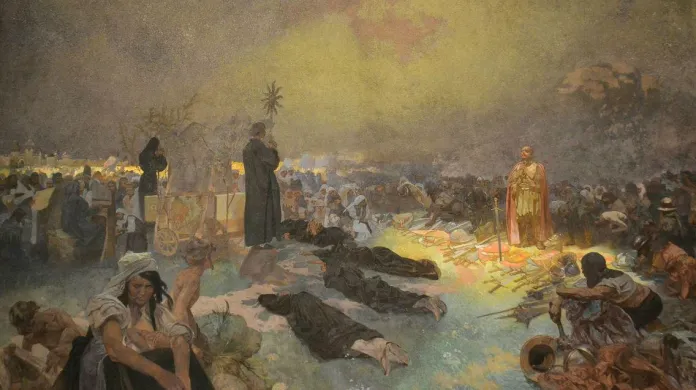 Alfons Mucha: Po bitvě na Vítkově: Tě Boha chválíme z cyklu Slovanská epopej