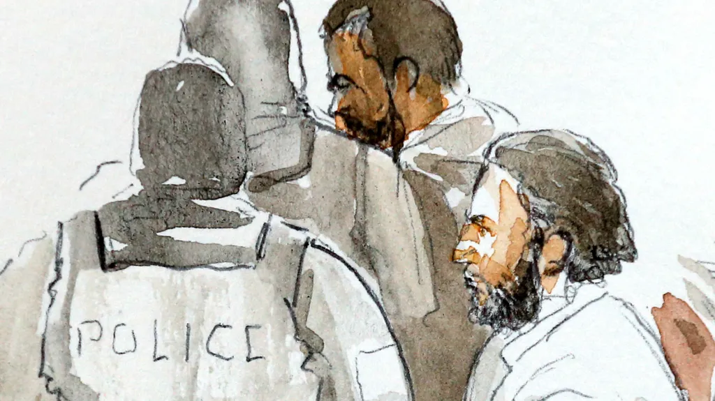 Kresba zachycující Salaha Abdeslama před belgickým soudem