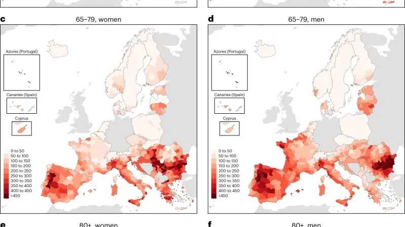a: Regionální teplotní anomálie (°C) zprůměrovaná za léto. b-f: Regionální úmrtnost v důsledku horka (letní úmrtí na milion obyvatel) agregovaná za léto pro celou populaci (b), ženy ve věku 65-79 let (c), muže ve věku 65-79 let (d), ženy ve věku 80+ let (e) a muže ve věku 80+ let (f). Léto se vztahuje na 14týdenní období mezi 30. květnem a 4. zářím 2022 (22.-35. týden).