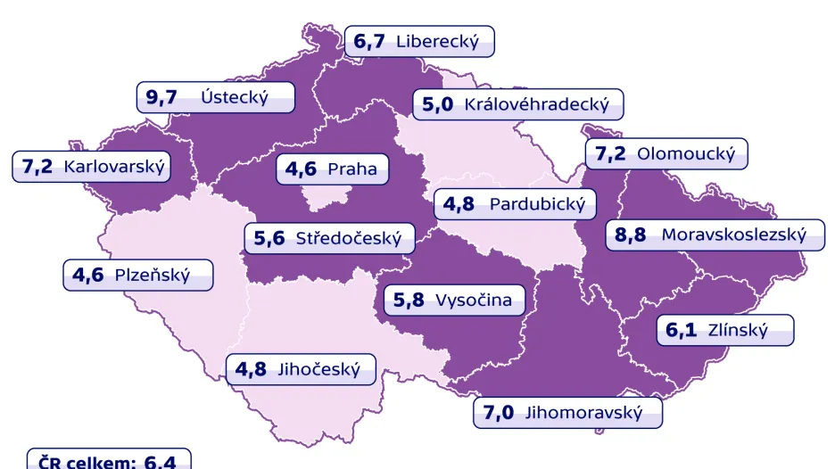 Nezaměstnanost v krajích ČR v květnu 2015