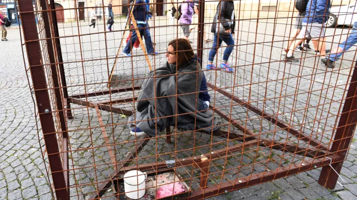 Aktivistka ze spolku Obrana zvířat při protestu proti kožešinovým farmám před Poslaneckou sněmovnou