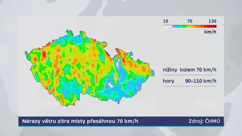 Nárazy větru ve středu přesáhnou 70 km/h