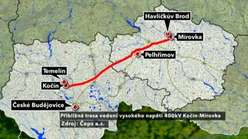 Plánovaná trasa vedení VVN Kočín - Mírovka