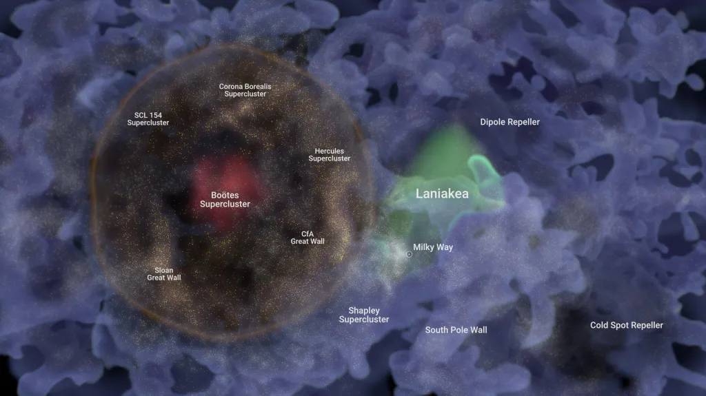 Hoʻoleilana je hnědá koule, jednotlivé tečky jsou galaxie