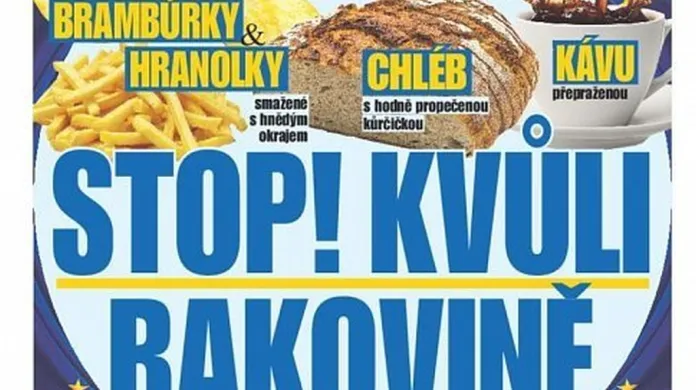 Titulní strana deníku Blesk z 1. srpna 2017: „Stop! Kvůli rakovině – Evropská unie chce zakázat: brambůrky, hranolky, chléb a kávu“