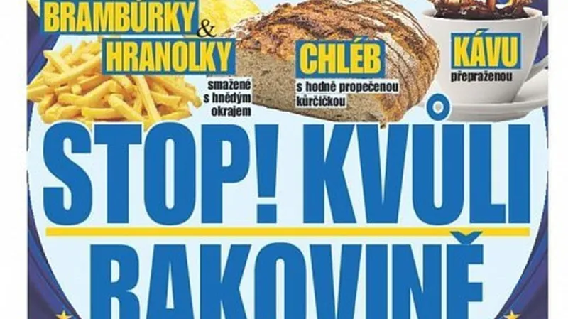Titulní strana deníku Blesk z 1. srpna 2017: „Stop! Kvůli rakovině – Evropská unie chce zakázat: brambůrky, hranolky, chléb a kávu“