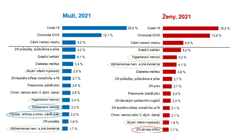 Příčiny úmrtí u mužů a žen v roce 2021